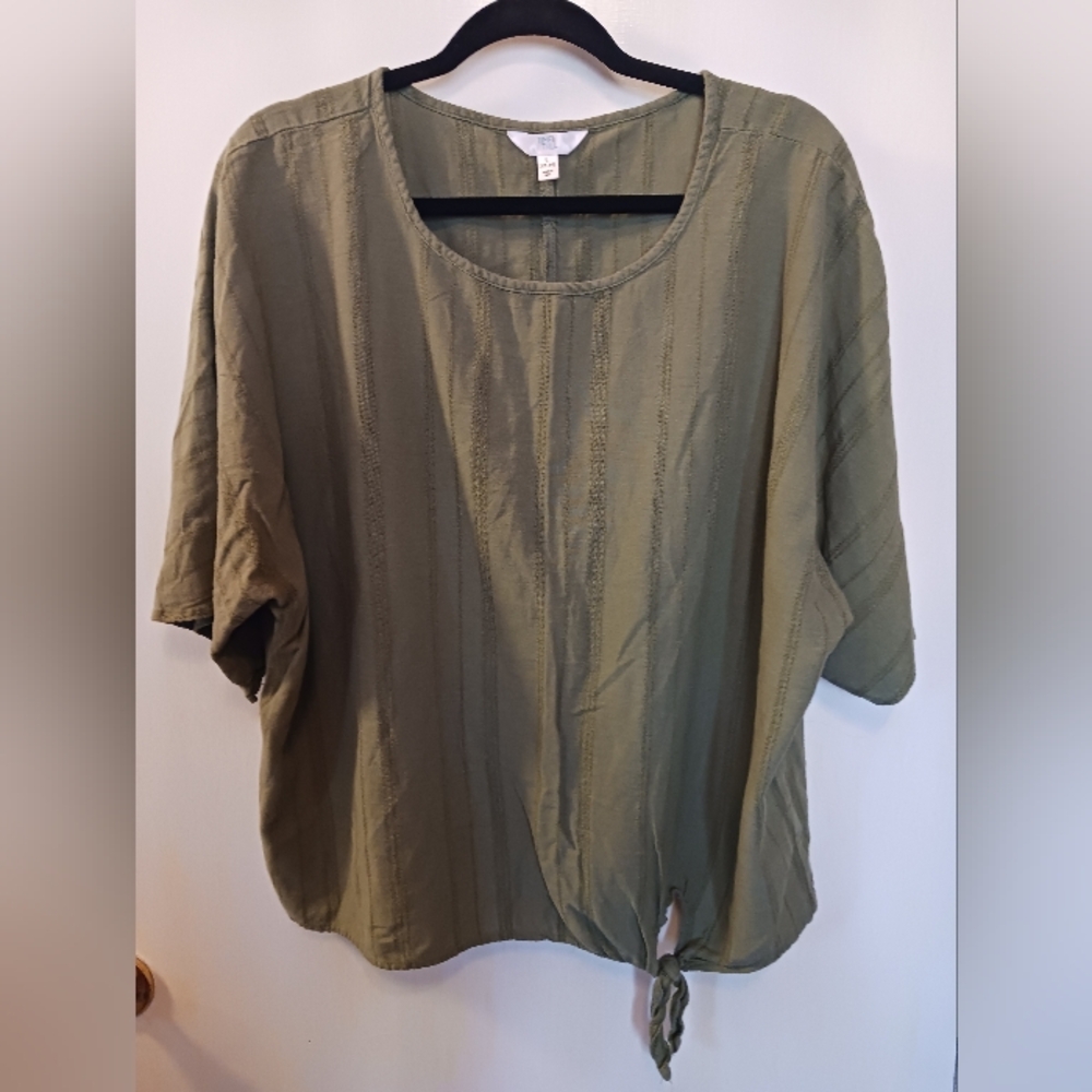 Lightweight Boxy Oversized Earthy Green Womens Top L Cotton Blend Short Sleeve